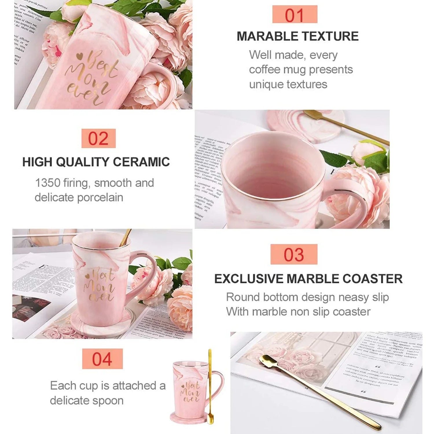 Gifts for Mom - Best Mom Ever Coffee Mug, Best Mom Gifts for Mothers Day, Birthday Gifts, Mother'S Day Gifts, Christmas Gifts, 14 Fl Oz Pink Marble Coffee Mugs Ceramic Mug Tea Cup
