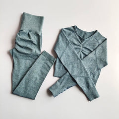 2pcs Women Seamless Yoga Set Sport Suit Gymwear Workout Clothes Long Sleeve Gym Crop Top High Waist Leggings Fitness Sports Wear