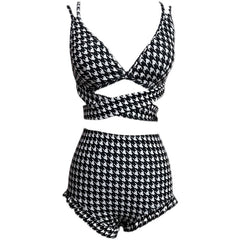 Swimsuit Women Sexy High Waist Belly Covering Slimming Gathered Houndstooth Split Bikinis White Shirt Hot Spring Vacation Swimsuit