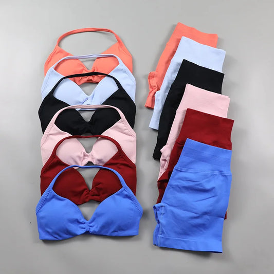 Ruched Seamless Yoga Set Women Sportswear Impact Gym Shorts Strappy Sports Bra 2 Piece Set Halter Workout Clothes Fitness Suit