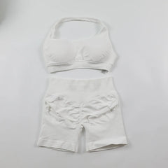 Impact Shorts Sets Seamless Yoga Set Women 2Pcs Halter Sports Bra Scrunch Butt Gym Shorts Set Workout Clothes Summer Sportswear