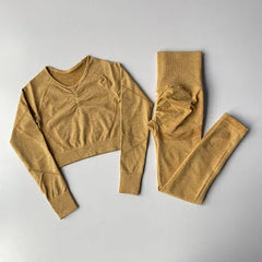 2pcs Women Seamless Yoga Set Sport Suit Gymwear Workout Clothes Long Sleeve Gym Crop Top High Waist Leggings Fitness Sports Wear