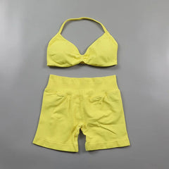 Ruched Seamless Yoga Set Women Sportswear Impact Gym Shorts Strappy Sports Bra 2 Piece Set Halter Workout Clothes Fitness Suit