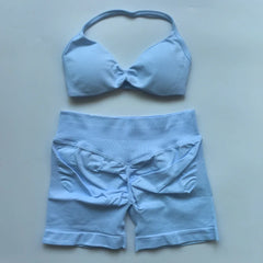 2PCS Impact Gym Set Women Strappy Yoga Bra Top High Waist Workout Scrunch Shorts Sports Suit Seamless Yoga Set Fitness Clothes