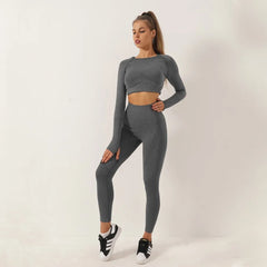2pcs Women Seamless Yoga Set Sport Suit Gymwear Workout Clothes Long Sleeve Gym Crop Top High Waist Leggings Fitness Sports Wear