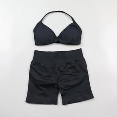 Ruched Seamless Yoga Set Women Sportswear Impact Gym Shorts Strappy Sports Bra 2 Piece Set Halter Workout Clothes Fitness Suit