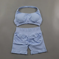 Impact Shorts Sets Seamless Yoga Set Women 2Pcs Halter Sports Bra Scrunch Butt Gym Shorts Set Workout Clothes Summer Sportswear