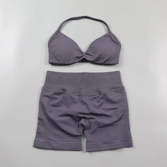 Ruched Seamless Yoga Set Women Sportswear Impact Gym Shorts Strappy Sports Bra 2 Piece Set Halter Workout Clothes Fitness Suit