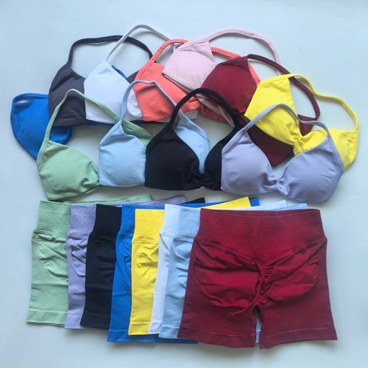 2PCS Impact Gym Set Women Seamless Strappy Yoga Bra Top High Waist Workout Scrunch Shorts Sports Suit Fitness Clothes Sportswear