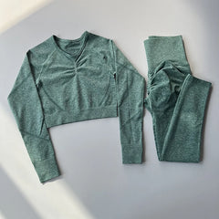 2pcs Women Seamless Yoga Set Sport Suit Gymwear Workout Clothes Long Sleeve Gym Crop Top High Waist Leggings Fitness Sports Wear