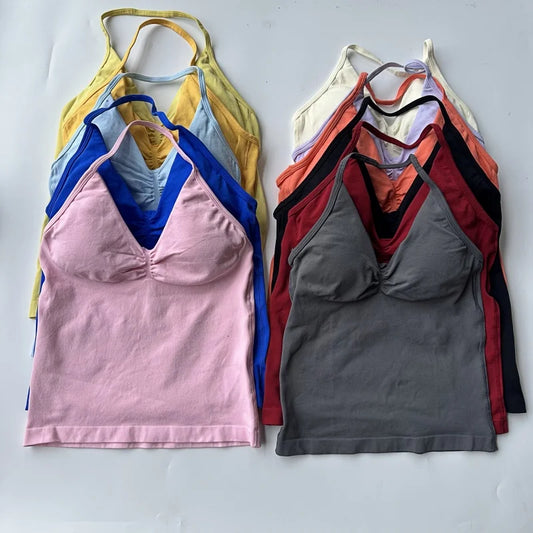 New Impact Sports Yoga Vest Women's Fitness Yoga Top Gym Clothes Workout Backless Scrunch Built-in Bra With Cups Tops