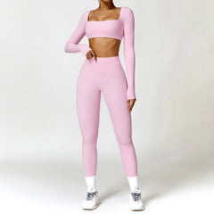 Hearuisavy 2PCS Long Sleeve Gym Set Women Yoga Clothes Quick-Drying Sportswear Running Leggings Workout Sports Crop Top Women