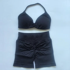 2PCS Impact Gym Set Women Strappy Yoga Bra Top High Waist Workout Scrunch Shorts Sports Suit Seamless Yoga Set Fitness Clothes