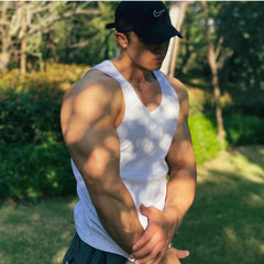 Men's Fitness Vest Cotton Breathable Vertical Striped Sleeveless Tops Solid Color Sports Casual Tank Gym Muscular Men Clothes