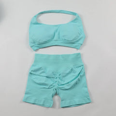 Impact Shorts Sets Seamless Yoga Set Women 2Pcs Halter Sports Bra Scrunch Butt Gym Shorts Set Workout Clothes Summer Sportswear