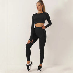 2pcs Women Seamless Yoga Set Sport Suit Gymwear Workout Clothes Long Sleeve Gym Crop Top High Waist Leggings Fitness Sports Wear