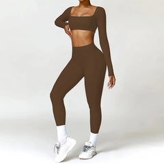 Hearuisavy 2PCS Long Sleeve Gym Set Women Yoga Clothes Quick-Drying Sportswear Running Leggings Workout Sports Crop Top Women