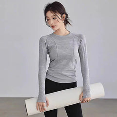 Yoga Clothes for Women, Sports Tops, Round Neck,, Seamless, Slim, Running Shirt Fitness Workout Long Sleeves Gym T shirt, Winter