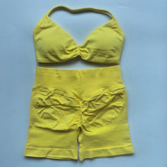 2PCS Impact Gym Set Women Strappy Yoga Bra Top High Waist Workout Scrunch Shorts Sports Suit Seamless Yoga Set Fitness Clothes