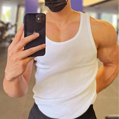 Men's Fitness Vest Cotton Breathable Vertical Striped Sleeveless Tops Solid Color Sports Casual Tank Gym Muscular Men Clothes