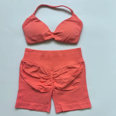 2PCS Impact Gym Set Women Strappy Yoga Bra Top High Waist Workout Scrunch Shorts Sports Suit Seamless Yoga Set Fitness Clothes