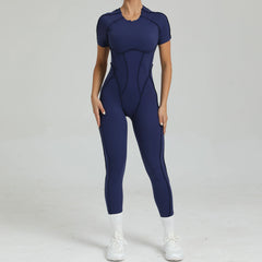 Women's One-Piece Suit Zipper Short Sleeve Gym Push Up Workout Clothes Fitness Short Bodysuit Sportswear Jumpsuits