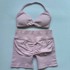 2PCS Impact Gym Set Women Strappy Yoga Bra Top High Waist Workout Scrunch Shorts Sports Suit Seamless Yoga Set Fitness Clothes