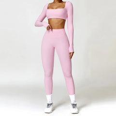 Hearuisavy 2PCS Long Sleeve Gym Set Women Yoga Clothes Quick-Drying Sportswear Running Leggings Workout Sports Crop Top Women