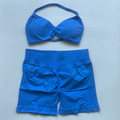 2PCS Impact Gym Set Women Strappy Yoga Bra Top High Waist Workout Scrunch Shorts Sports Suit Seamless Yoga Set Fitness Clothes