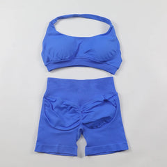 Impact Shorts Sets Seamless Yoga Set Women 2Pcs Halter Sports Bra Scrunch Butt Gym Shorts Set Workout Clothes Summer Sportswear