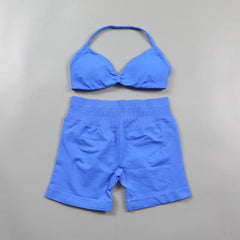 Ruched Seamless Yoga Set Women Sportswear Impact Gym Shorts Strappy Sports Bra 2 Piece Set Halter Workout Clothes Fitness Suit