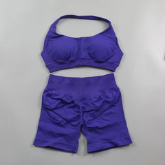 Impact Shorts Sets Seamless Yoga Set Women 2Pcs Halter Sports Bra Scrunch Butt Gym Shorts Set Workout Clothes Summer Sportswear