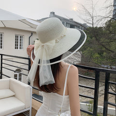 Big Brim Pearl Straw Hat With Bow Visor