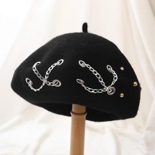 Cross Chain Beret Women Autumn and Winter Wool Rivet Hat British Retro Beret Hat