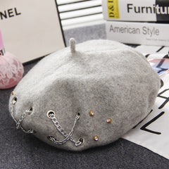 Cross Chain Beret Women Autumn and Winter Wool Rivet Hat British Retro Beret Hat