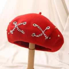 Cross Chain Beret Women Autumn and Winter Wool Rivet Hat British Retro Beret Hat