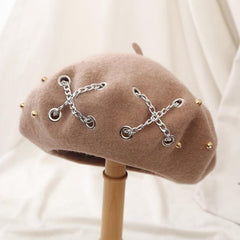 Cross Chain Beret Women Autumn and Winter Wool Rivet Hat British Retro Beret Hat