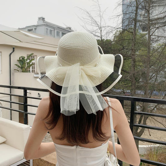 Big Brim Pearl Straw Hat With Bow Visor