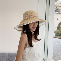 Big Brim Pearl Straw Hat With Bow Visor