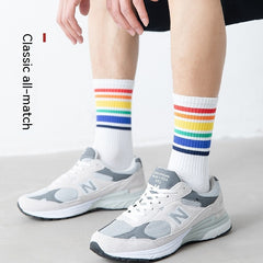 Trendy Pure Cotton Mid-calf Length Socks High-top Skateboard Basketball Socks Fashion Striped Athletic Socks