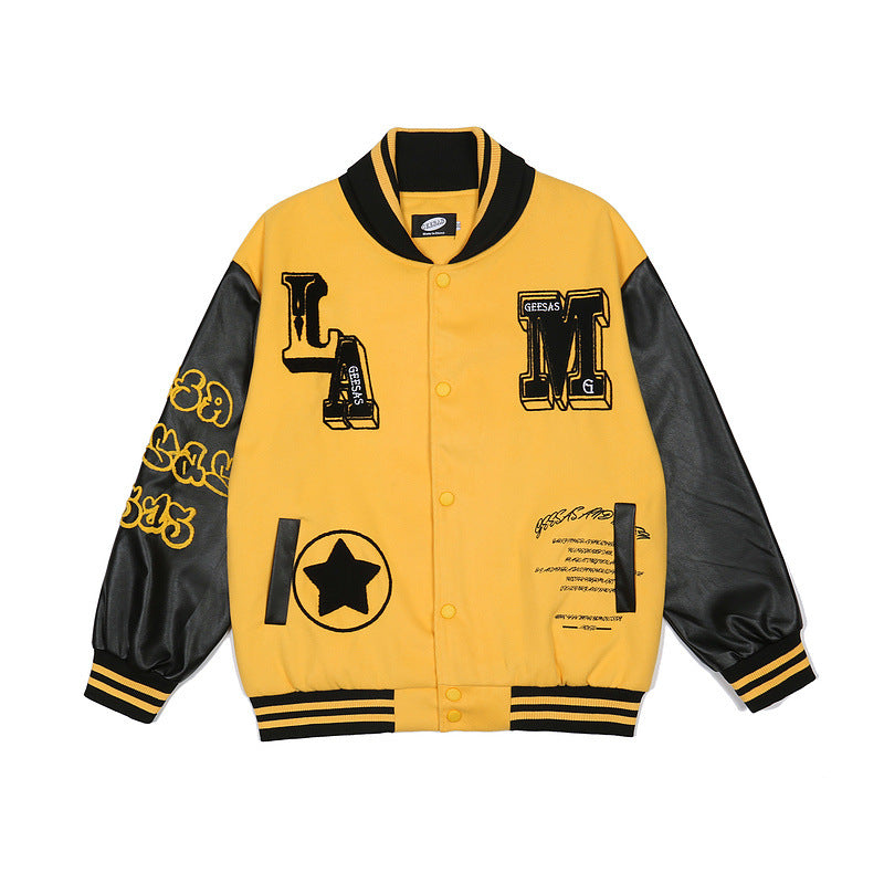 Men's And Women's Baseball Jacket PU Leather Sleeves