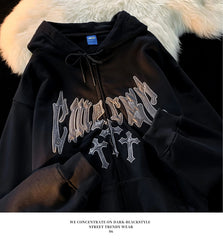 Creative Cross Letter Embroidered Hoodie Coat