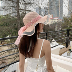 Big Brim Pearl Straw Hat With Bow Visor