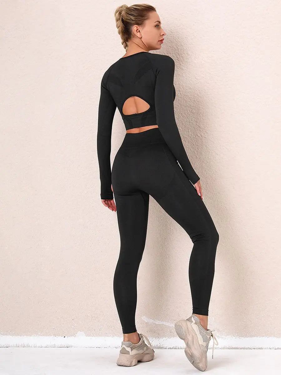 Seamless Women Gym Sets Female Sport Leggings Gym Suits Wear Running Clothes Fitness Sport Workout Suit Long Sleeve Shirts Bra