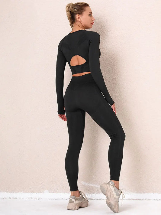 Seamless Women Gym Sets Female Sport Leggings Gym Suits Wear Running Clothes Fitness Sport Workout Suit Long Sleeve Shirts Bra