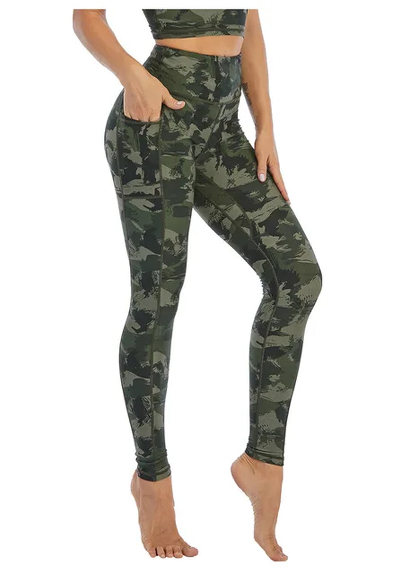 Jjunlim Gym Suits Pluz Size Women Green Camo Yoga Pants Fitness Leggings Pocket Gym Tights Women High Waist Running Pants