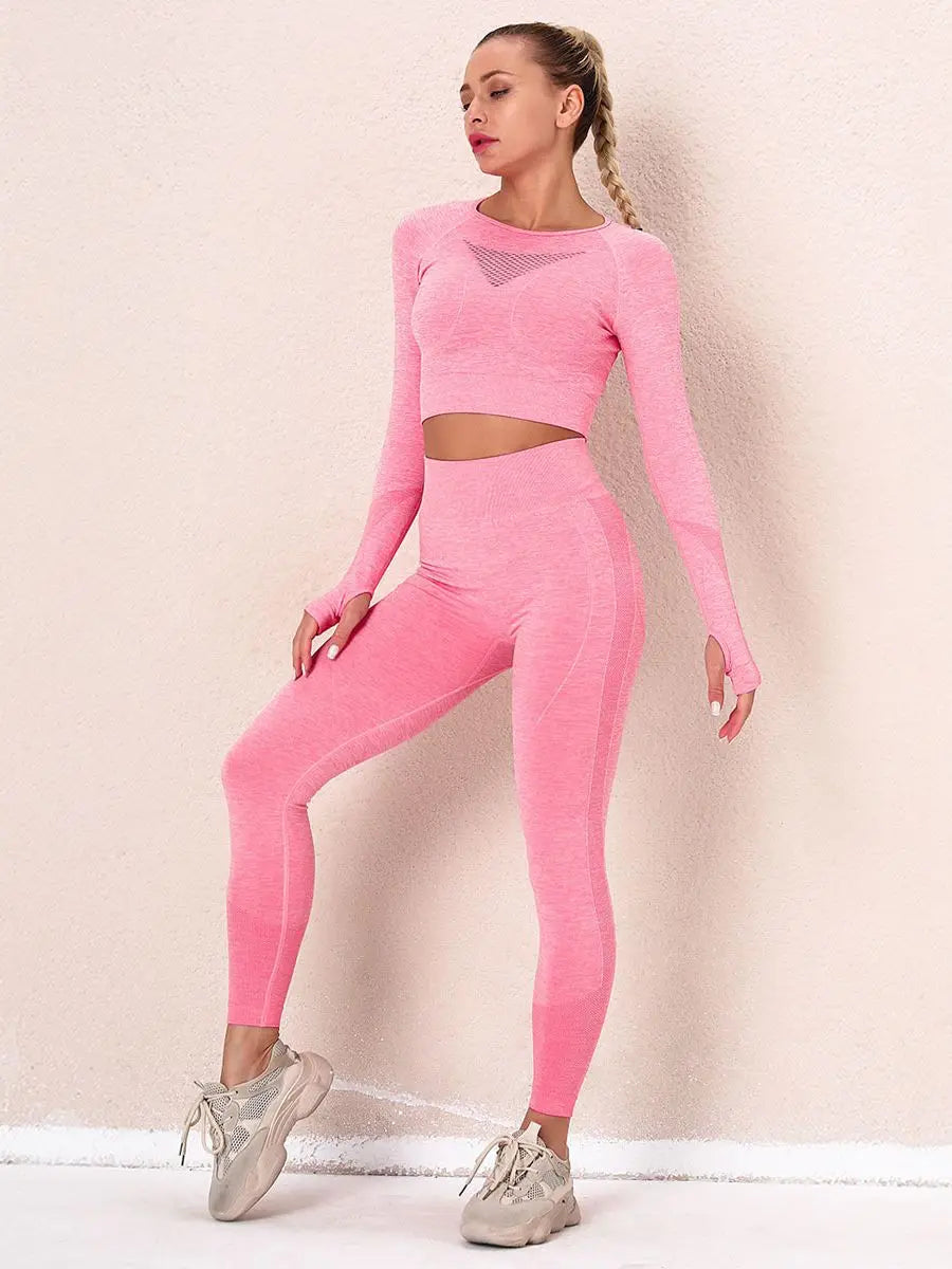 Seamless Women Gym Sets Female Sport Leggings Gym Suits Wear Running Clothes Fitness Sport Workout Suit Long Sleeve Shirts Bra