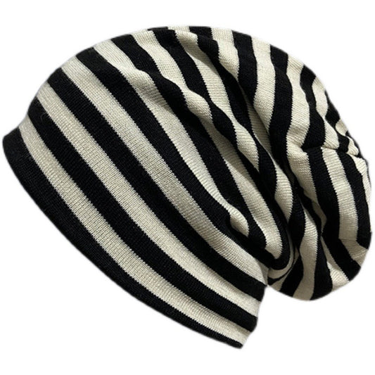 Female Autumn And Winter Warm Black And White Striped Pile Hat