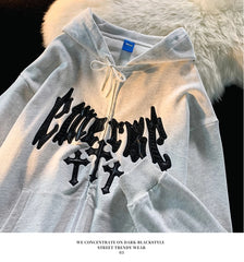 Creative Cross Letter Embroidered Hoodie Coat