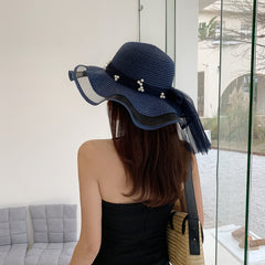 Big Brim Pearl Straw Hat With Bow Visor